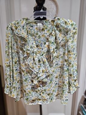 Sans Souci Yellow and Green Floral Ruffle Blouse